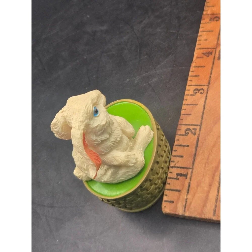 Vintage Bunny Rabbit On Top of a Basket Trinket Box Figurine White Rabbit